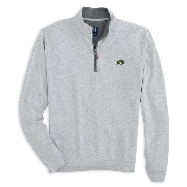 A grey quarter zip with a mini CU Buffalo logo on the left chest.